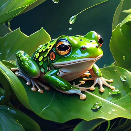 Prompt: "Cute frog sitting atop a leaf hyperdetailed intricate detail elaborate meticulous beautiful polished cinematic brilliant stunning atmospheric dynamic lighting anime artwork"
"8k resolution detailed painting trending on Artstation, r/Art, Artrift, deviantart, pixiv by WLOP, Studio Ghibli"