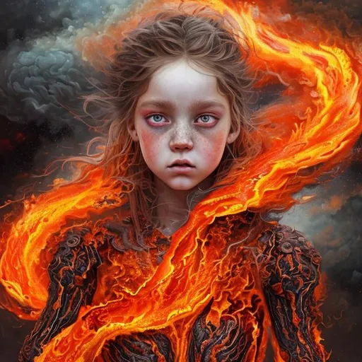 Prompt: A very detailed girl who is covered in fire dress and flames are spread all over her body but her eyes are blue in colour depicting the fire and ice 
Her dress is veri delicately designed , fire flames cover wide range 
Black Smokey background 
Sophisticated, hyper realistic , realism , heroic , vivid colours 
Oil painting 
UHD,4k, oil painting 
