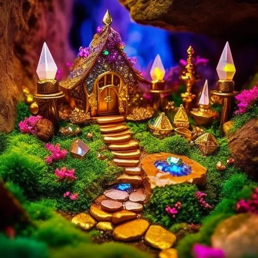 Prompt: realistic, fairy crystal garden, lair, cave with piles of jewels and gold pieces, dark, oppressive