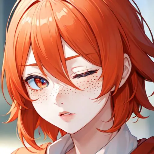 Prompt: Erikku male adult (short ginger hair, freckles, eyes closed) UHD, 8K, Highly detailed, insane detail, best quality, high quality,  anime style, 