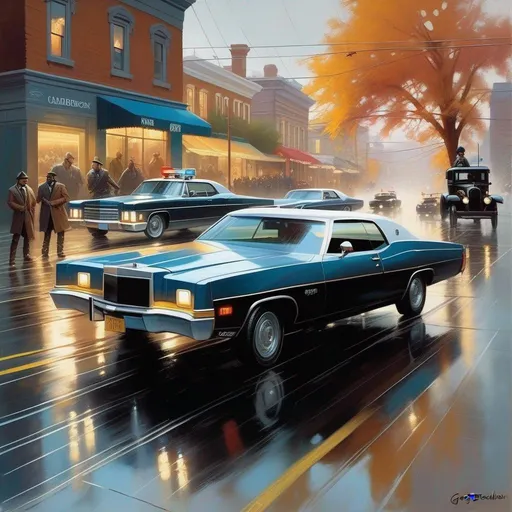 Prompt: Watch Dogs, car chase, cops, cartoony, rainy atmosphere, extremely detailed painting by Greg Rutkowski and by Henry Justice Ford and by Steve Henderson