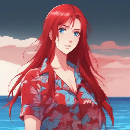 Prompt: Anime Style, young adult female, wearing red Hawaiian shirt, with long blood-red hair, blue eyes, with red water in the background.
