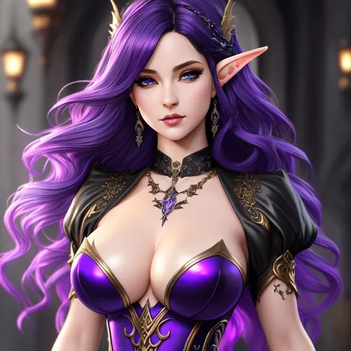Prompt: A hyper realistic detailed ((full body)) ((nude)) image of a half-elf ((sexy woman)), ((beautiful)), with ((sexy clothes)) with ((dark purple hair)) a gothic dress, jewelry set, balayage wild hair, highly detailed, digital painting, Trending on artstation, HD quality, ((by Prywinko)), ((very huge breast)), ((sexy)), high heels