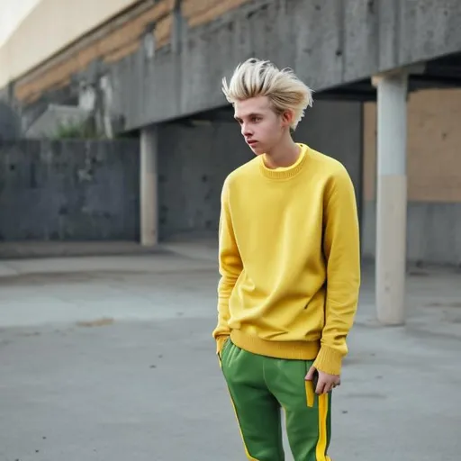 Prompt: young man, yellow sweater, blonde hair, yellow sneakers, green sweatpants, tousled hair, beardless