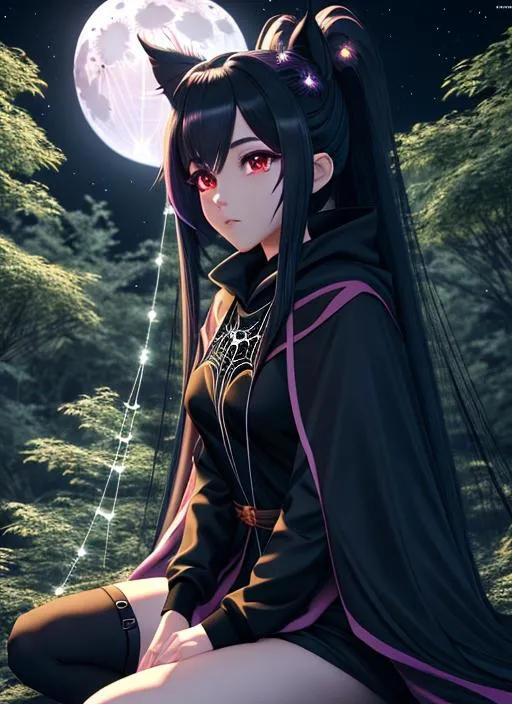 Prompt: a anime styled half-girl, half-spider creature with long hair sitting on a web in a dark forest. She holds a small spider and wears a cloak made of spiderwebs. Use a dark color palette and add a full moon in the background, Artgerm, CryEngine, Octane Render, 8k, symmetrical face, accurate anatomy ultra detailed face, very soft colors