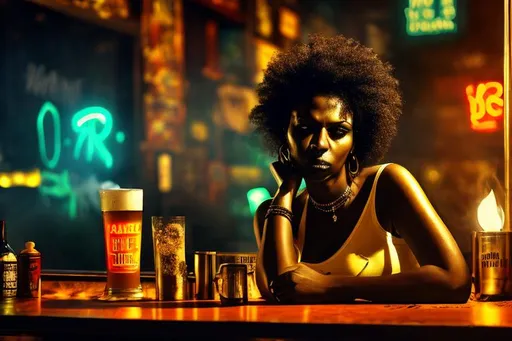 Prompt: medium-long shot, photo Portrait of a punk rock woman, dark skin and hair, exhausted, smoking, in a bar, light rays through smoke, neon sign, ashtray, pint glass,  realistic