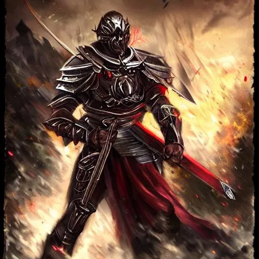 Prompt: a evil guy with red eyes and cool armor with a sword in a war zone