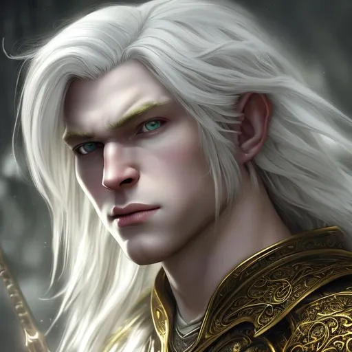 Prompt:  8K, HD, 3D, portrait of handsome albino male, photorealistic, noble strong male, Skyrim,pale beautiful face, grey stunning eyes, extra long white straight hair, elegant green wizard clothes, intricate, detailed, charming male, light contrast, noble, perfect anatomy, gothic dark room ambient, perfect male beauty, golden ratio
