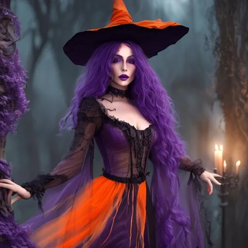 Prompt: witch wearing a sheer purple and orange dress bewitching a man under her spell, cinematic, realistic, 64k, life-like
