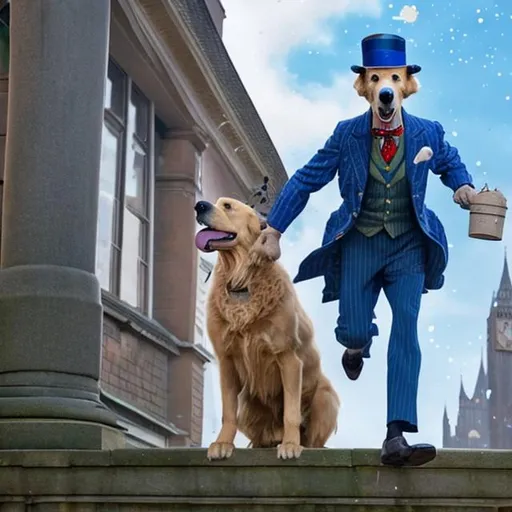 Prompt: An Anthropomorphic big old Golden Retriever dog wearing dressed as a business officer man on a Mary poppins returns animated style