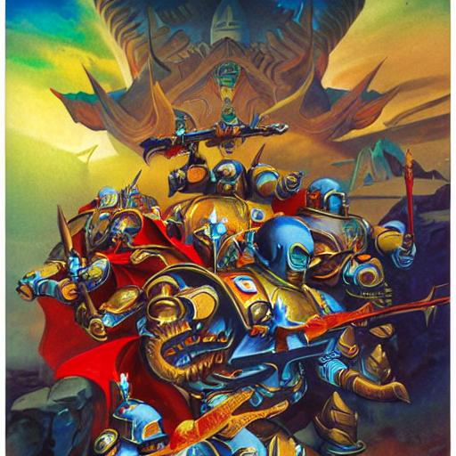 Death Guard (Warhammer 40k) in Roger Dean art Style.