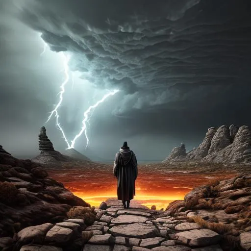 Prompt: ultra detailed Ancient rockey landscape, other worldly, subject:  man walking down a path, close to camera, looking at horizon in background, wearing dark robes, windy, ominous black tower ahead, rocky, there's a sunset on horizon but a bad storm cell rages ahead, octane render, unreal engine 5, blender render, 24mm lens, wide shot, light rays, bokeh, spotlights, cinematic lighting, 3d ray tracing, 