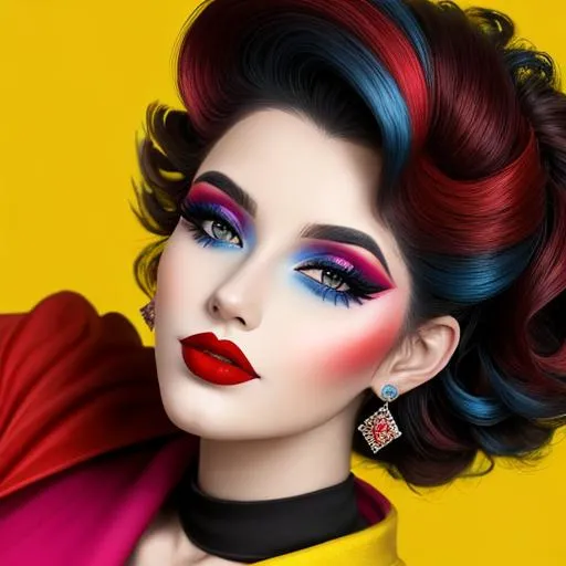 Prompt: A woman all in primary colors, pretty makeup