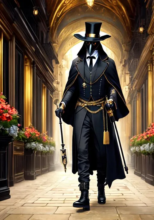 Prompt: UHD, hd , 8k,  oil painting, hyper realism, Very detailed, zoomed out view,  full body of character in view, full character in view, male plague doctor wearing black robes adorned with gold wearing a black top hat holding a cane while wearing a golden crow beaked mask, walking in a medieval city.