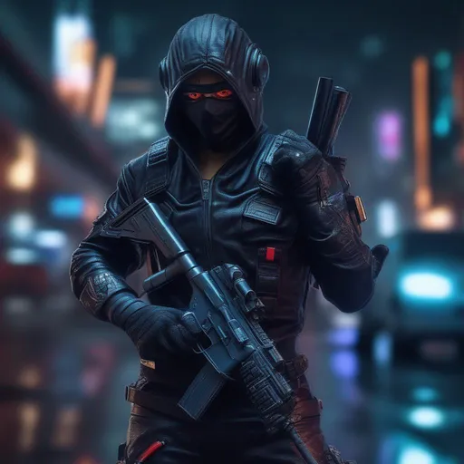 Prompt: A ultra realistic cyberpunk Ninja at night, complex build, a tired leather uniform, holding a Uzi. realistic photography