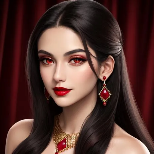 Prompt: Woman with long dark hair ,wearing a ruby and  gold jewelry, pretty makeup, red lipstick, facial closeup