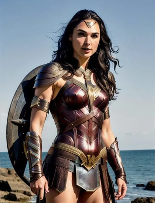 Prompt: Gal gadot wearing viking armor, muscular , hot, warm skin tone, sweating gal gadot body, gorgeous, face details, viking suit, dark background, high details, relaistic 