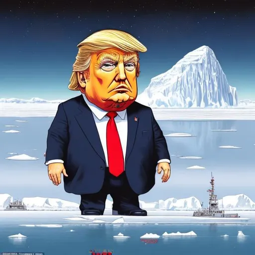 Prompt: Obese navy blip baby Trump hovering in the sky over a grey nuclear submarine in the bright white ice plains of Antarctica, too long red tie, navy blue suit, Sergio Aragonés MAD Magazine cartoon style 