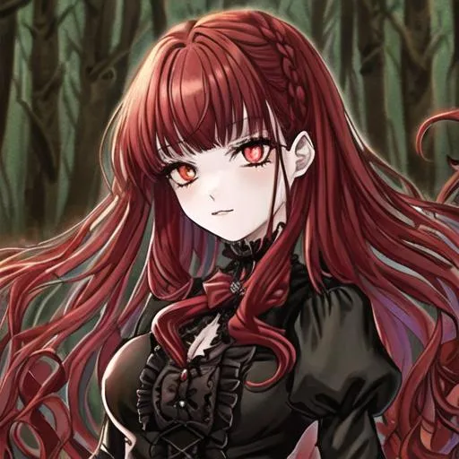 Prompt: goth girl with red wavy hair and amber eyes, dark Victorian clothes, forest background 