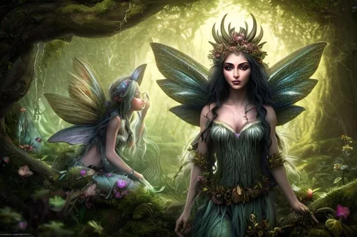 Prompt: goddess of the fairies forest hyper realistic extremely detailed dark cinematic UHD in the style of Brian Froud