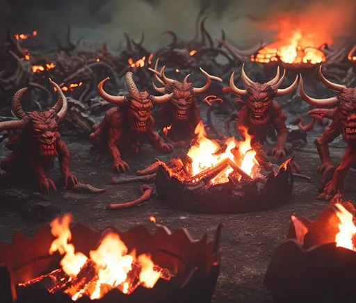 Prompt: Horned demons surrounding a fire pit.  Flames and smoke everywhere.  