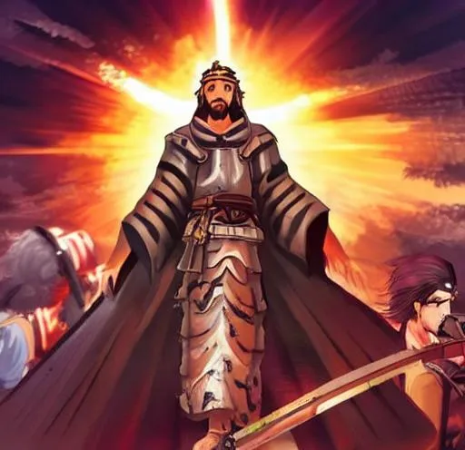 Prompt: Anime war scene graphic High detail Samurai warrior crusaders with Jesus Christ as depicted in the book of  revaltion coming out of heaven gathering his chosen to ride against the enemy Satan and his fallen cyberpunk ninjas