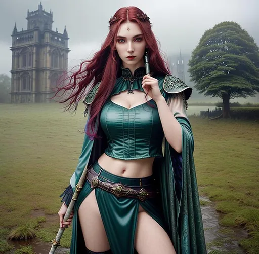 Prompt: Gorgeous perfectly detailed facial features, long legs, sumptuous hyper detailed perfect body, ultra pale, visible midriff, random pose, gothic fantasy, gloomy random ancient dystopian landscape, heavy drenching rain, female gothic mage with a Sceptre, 

wearing a weathered period appropriate outfit, flowing random colored hair, random length hair, porcelain face, large reflective red eyes, fierce agonizing look, 

Splashart, wandering magical lights, surreal, symmetrical intricate details, hyper detailed perfect studio lighting, perfect shading, 

Professional Photo Realistic Image, RAW, artstation, splash style dark fractal paint, contour, hyper detailed, intricately detailed, unreal engine, fantastical, intricate detail, steam screen, complimentary colors, fantasy concept art, 64k resolution, deviantart masterpiece, splash arts, ultra details, Ultra realistic, hi res, UHD, complete 3D rendering.