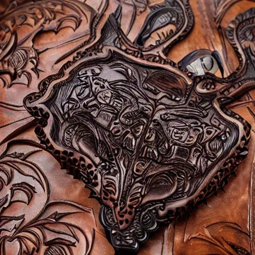 Prompt: an intricate carved leather design with mixed elements of horror and love
