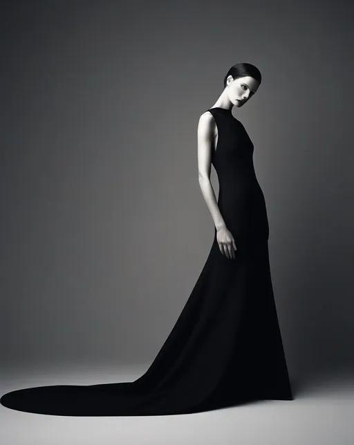 Prompt: A minimalist fashion portrait isolated against a plain grey background, placing emphasis on the graphic sculptural form of the elegant black gown, reminiscent of Irving Penn's refined studio style. Lit with refined, meticulous overhead lighting to create a clean silhouette. Shot with an 8x10 view camera and normal lens. The mood is elegant simplicity. In the style of Irvin Penn.  