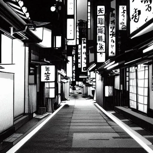 Prompt: A dark Japanese street in the future, with text GWANN 