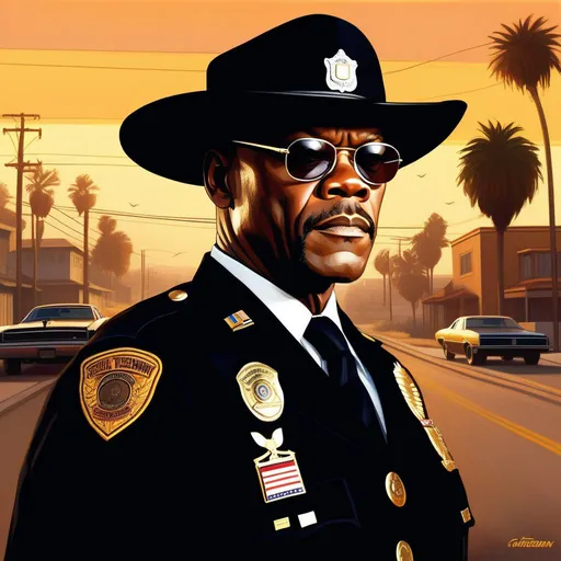 Prompt: Samuel L Jackson as Officer Tenpenny, in GTA San Andreas, guns, cartoony, sunny atmosphere, extremely detailed painting by Greg Rutkowski and by Henry Justice Ford and by Steve Henderson