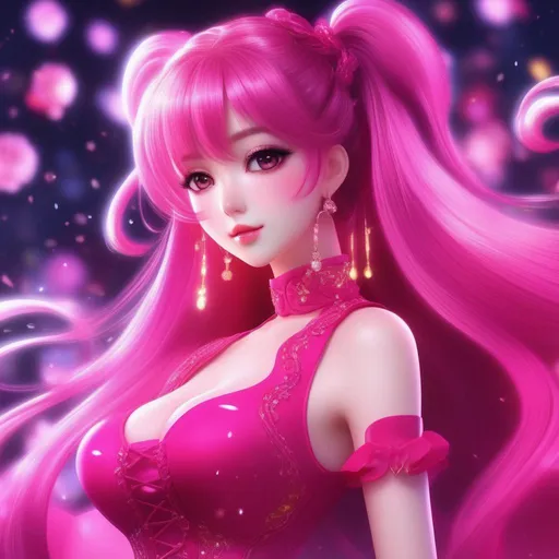 Prompt: 3d anime woman hot pink long pigtails hair and hot pink dress hot pink glitter and beautiful pretty art 4k full HD