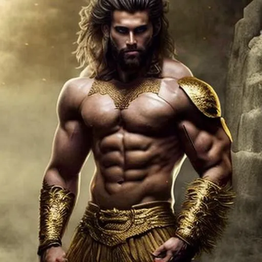 muscle greek god, strong warrior, golden hair, golde...