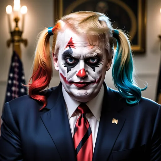 Prompt: president Donald trump as the villain harley quinn from batman