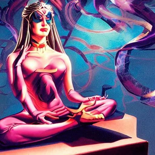 Prompt: Corrupted Tantric Goddes meditating. use Alex Ross  art style. 