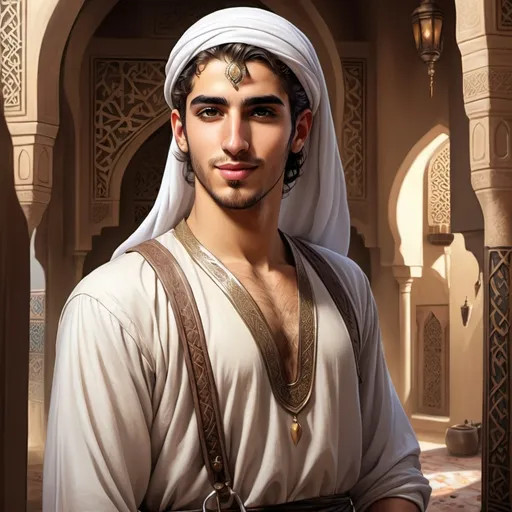 Prompt: Full body, Fantasy illustration of a male arab handyman, 23 years old, attractive, fancy hairstyle, djellaba, flirty expression, high quality, rpg-fantasy, detailed, in a Arabian style workshop