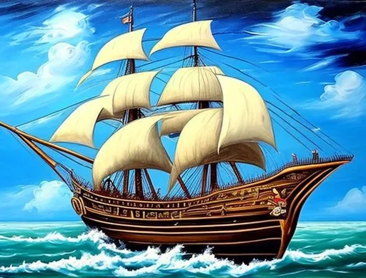 Prompt: Change this painting to a pirate sailing ship. Keep same style as the painting.