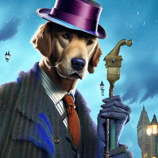 Prompt: An Anthropomorphic big old Golden Retriever dog wearing dressed as a business officer man on a Mary poppins returns animated style