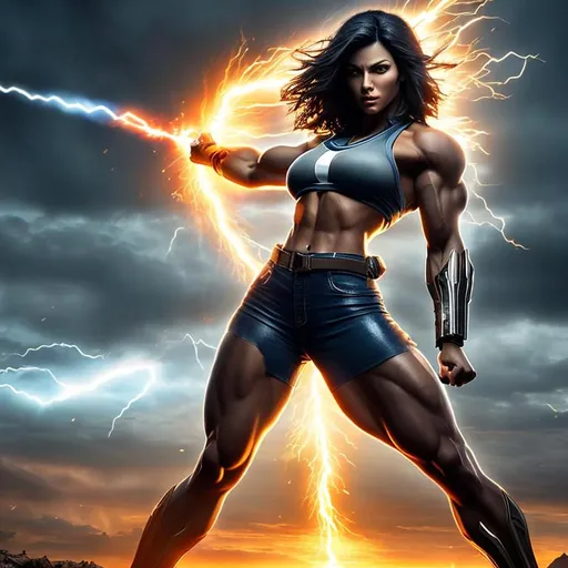 Prompt: very short hair, photorealistic, beautiful woman with muscles, full body, androgynous beautiful face, extreme energy bursting forth, ideal proportions, epic, monster-like features, apocalyptic war, dimensional storm
