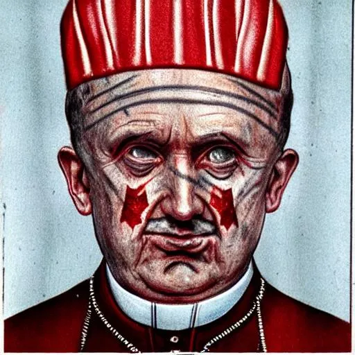 Prompt: hyper realistic hyper real vatican pope with hitler mustash and 666 drawn in red ink on forehead in red ink  in front of upside down american flag mark of beast on skin inside the vatican federal reserve