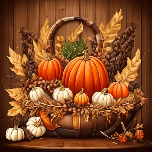 Prompt:  October themed cornucopia with wooden alcohol barrel In painted style on clear background