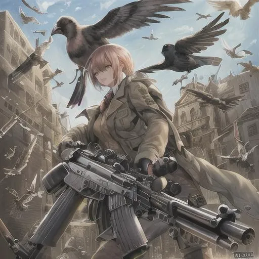 Prompt: Bird with a machine gun!