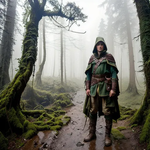 Prompt:  elven scout wanderer, worn clothes, cloak, leather, belts and pouches, pack and gear, multilayred outfit, in a mossy, decaying, rusty and worn,  intricate detail,  show antennas and wires and circuits, old apocalyptic city wasteland overgrown by oppressive huge forest, vines, plants and roots growing, cracking through walls, 3d render,  high detail,