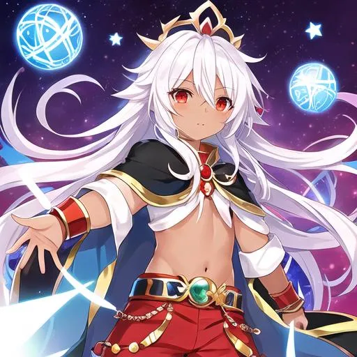 Prompt: Magi: The Labyrinth of Magic Art Style. Create a magi with white hair. Red eyes. A boy. Dark skinned. Long hair. Magi In thief outfit.