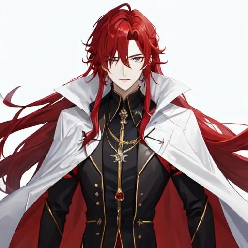 Prompt: Zerif 1male (Red side-swept hair covering his right eye) wearing a black royal suit, white cape, 