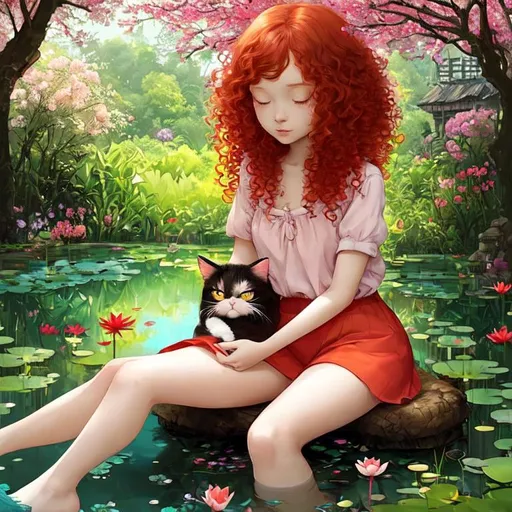 Prompt:  A very cute girl, curly gradient red hair,  sitting in a garden next to a pond with her feet inside it's crystal clear waters. Her cute fluffly cat is right by her side resting its head on her shoulder. Spring time.  Art the style by Duy Huyn, Esao Andrews, Catrin Welz-Stein, Susan Rios and laura Diehl.