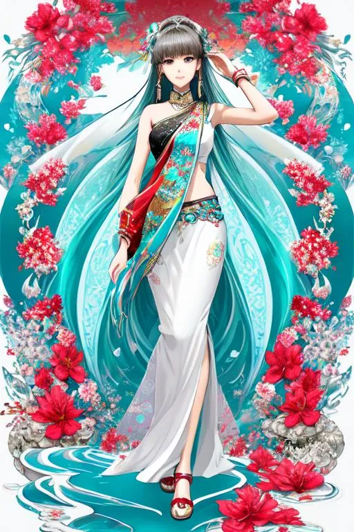 Prompt: full body portrait front view, looking from below,

semi-transparent splash ink painting scenic view brush strokes hyperdetailed intricate elaborate stone garden with jasmine flowers and water symmetrical pastel mix beige and turquoise and red color white pastel contrast graffiti vector,

masterpiece best quality hyperdetailed ultra realistic pastel mix flat color best shadow 2D 1 anime beautiful tall very skinny girl hopeful, light smile, hyperdetailed flat color long black hair, detailed beautiful sharp cute face, beautiful eyes, beautiful gloss lips, sandals, walking straight, stones and water at feet,

pastel cinematic light, pastel dramatic light, back light,

light beige and light turquoise and light red glowing light, light beige and light turquoise and light red glowing sunshine sunshine on face, head light, front light, 

album cover art, clean art, flat color art, 2D illustration art, 2D vector art, digital art, splash art, official art,

colorful palette, 128K resolution, digital painting, colorful ink illustration, hyperdetailed sharp focus, digital illustration, impressionist painting,