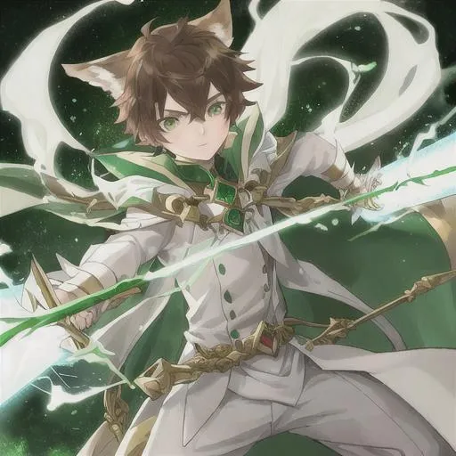 Prompt: Boy with Brown hair and White fox ears with white fox tail and big Green glowing swords with green robe and green eyes