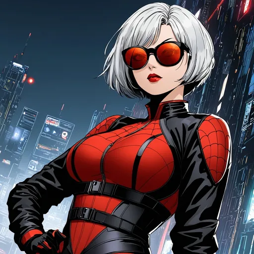 Prompt: Comic book style, cyberpunk. A middle aged woman with short hair and a red corset. Supervillain, spider themed. Round black sunglasses
  