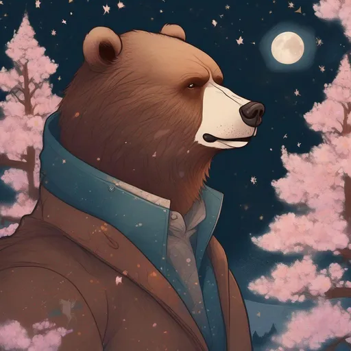 Prompt: A profile beautiful and colourful picture of a handsome man with brunette hair and a mustach, is surrounded by Sitka Spruce trees, cherry blossom flowers, a brown bear, framed by the moon and constellations, in a painted style